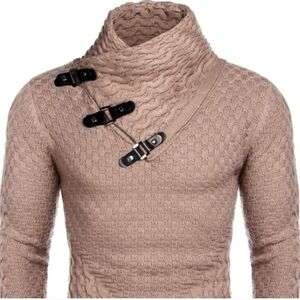 NWT Coofandy Men's Tan Long Sleeve  Knitted Turtleneck Sweater w/ Buckle Accents